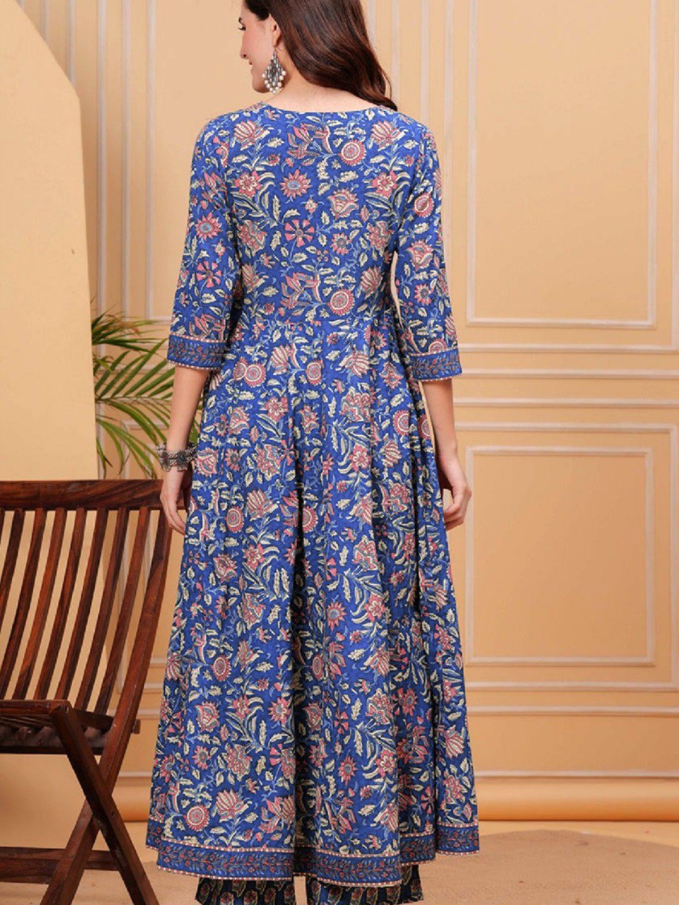 Blue Color Roman slub Anarkali Printed Kurta with Pant & Dupatta set (3PICE PEAR)