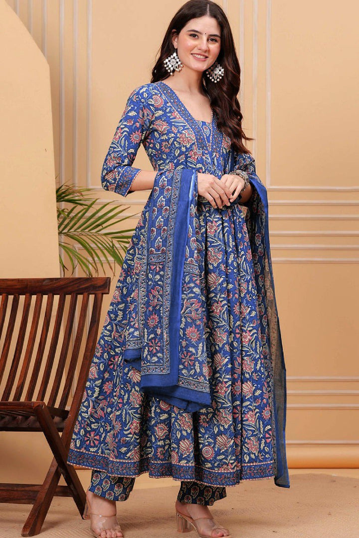 Blue Color Roman slub Anarkali Printed Kurta with Pant & Dupatta set (3PICE PEAR)
