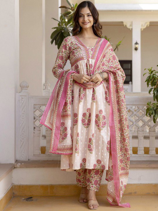 Pink Color Roman slub Anarkali Printed Kurta with Pant & Dupatta set (3PICE PEAR)