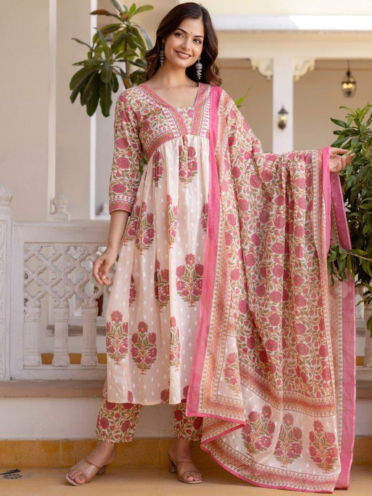 Pink Color Roman slub Anarkali Printed Kurta with Pant & Dupatta set (3PICE PEAR)