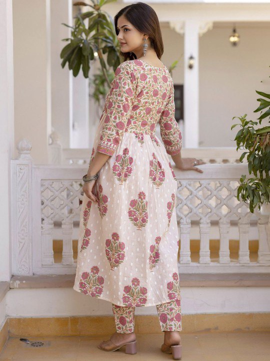 Pink Color Roman slub Anarkali Printed Kurta with Pant & Dupatta set (3PICE PEAR)