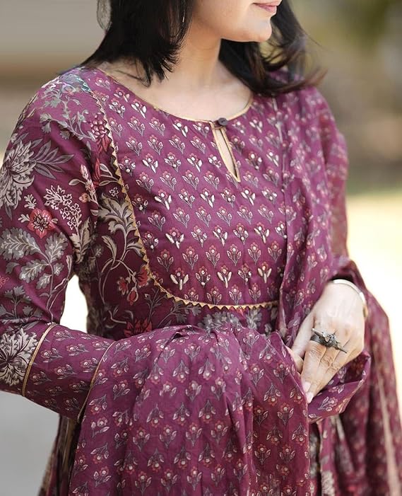 Wine Color Roman slub Anarkali Printed Kurta with Pant & Dupatta set (3PICE PEAR)