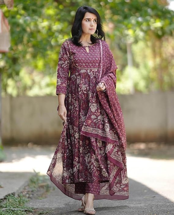 Wine Color Roman slub Anarkali Printed Kurta with Pant & Dupatta set (3PICE PEAR)