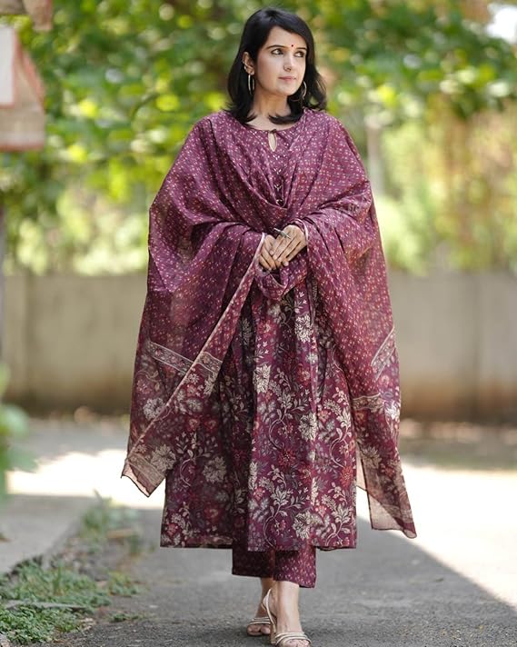 Wine Color Roman slub Anarkali Printed Kurta with Pant & Dupatta set (3PICE PEAR)