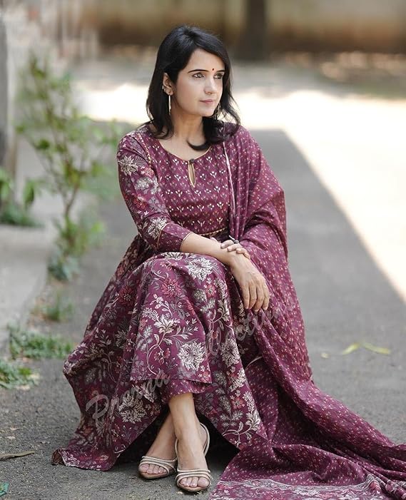 Wine Color Roman slub Anarkali Printed Kurta with Pant & Dupatta set (3PICE PEAR)