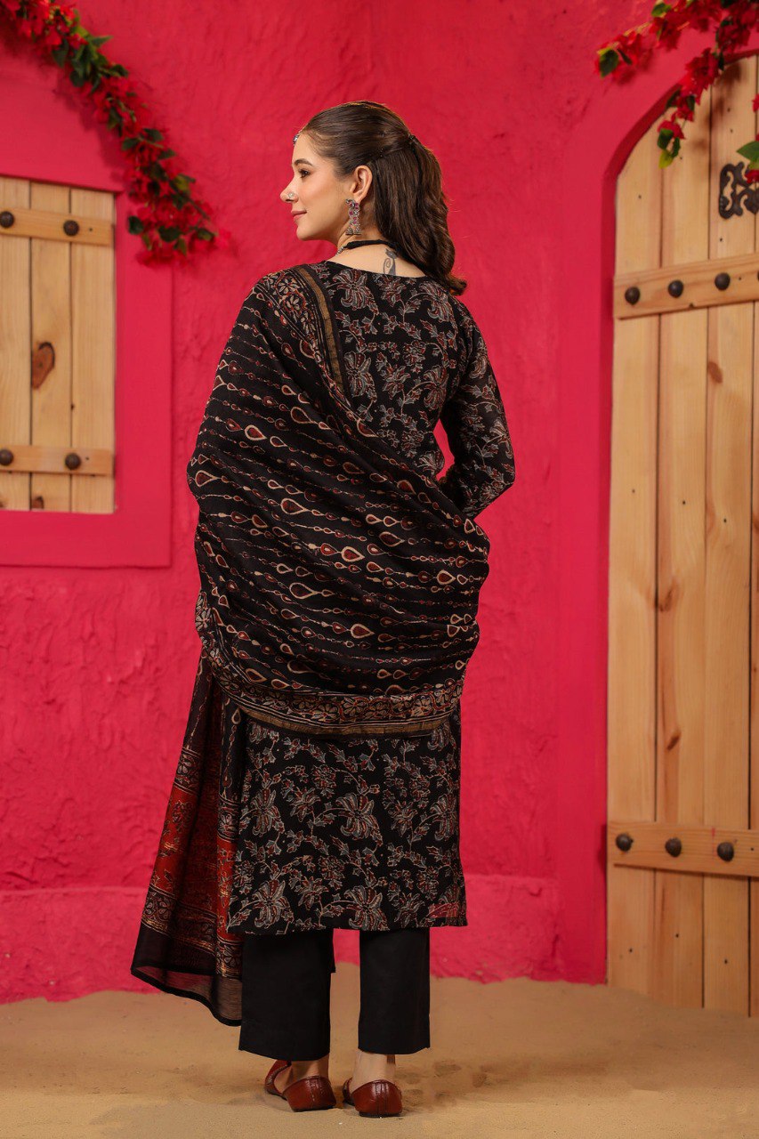Black Color Roman slub Printed Kurti With Dupatta And Bottom wear 3 Pice Set