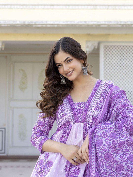Purple Color Roman slub Anarkali Printed Kurta with Pant & Dupatta set (3PICE PEAR)