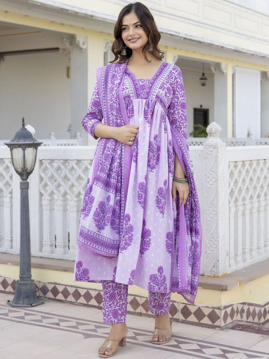 Purple Color Roman slub Anarkali Printed Kurta with Pant & Dupatta set (3PICE PEAR)