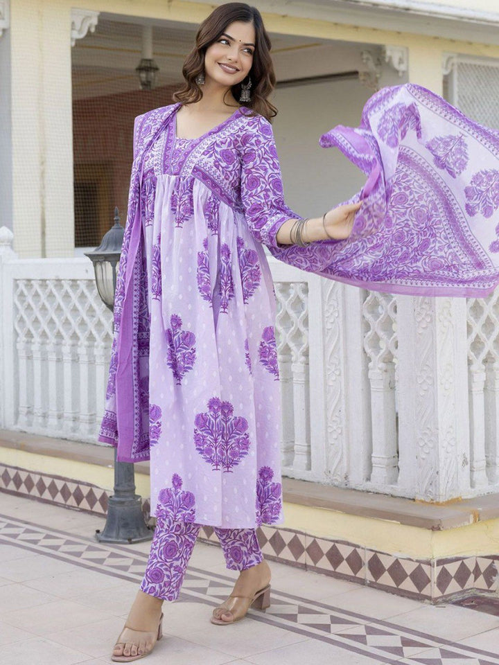 Purple Color Roman slub Anarkali Printed Kurta with Pant & Dupatta set (3PICE PEAR)