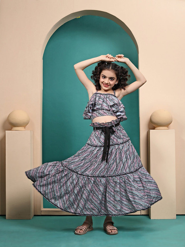 Grey Colour Maslin Printed two-piece set crop top and a tiered skirt
