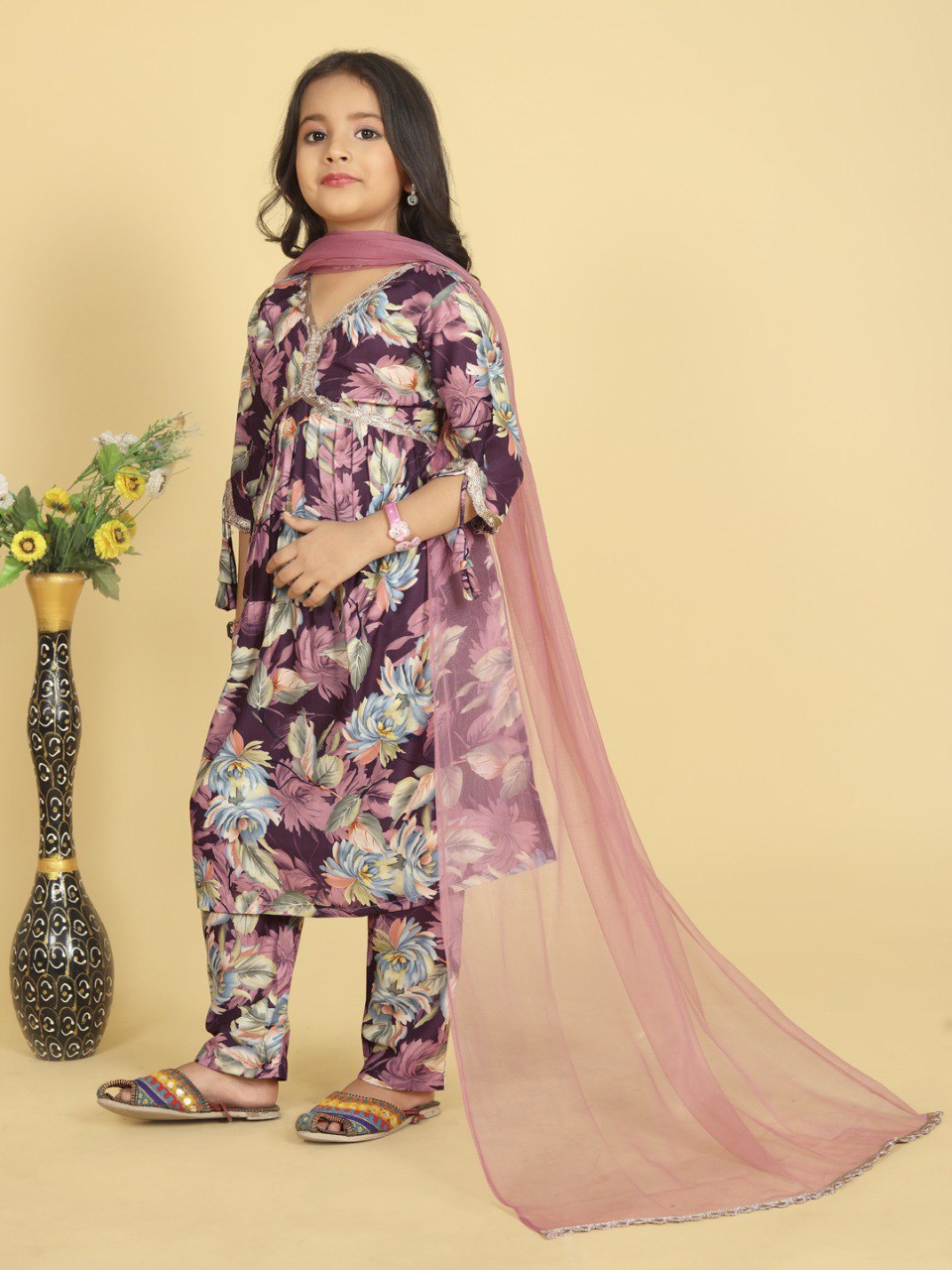 Purple Colour Roman Slub Printed Goldan Lace kurti With Pant And Dupatta