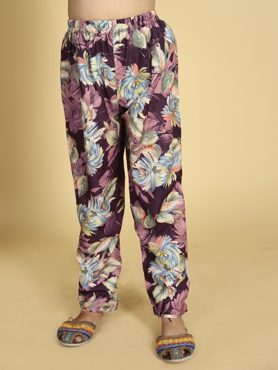 Purple Colour Roman Slub Printed Goldan Lace kurti With Pant And Dupatta