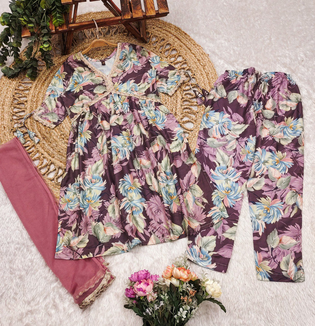 Purple Colour Roman Slub Printed Goldan Lace kurti With Pant And Dupatta