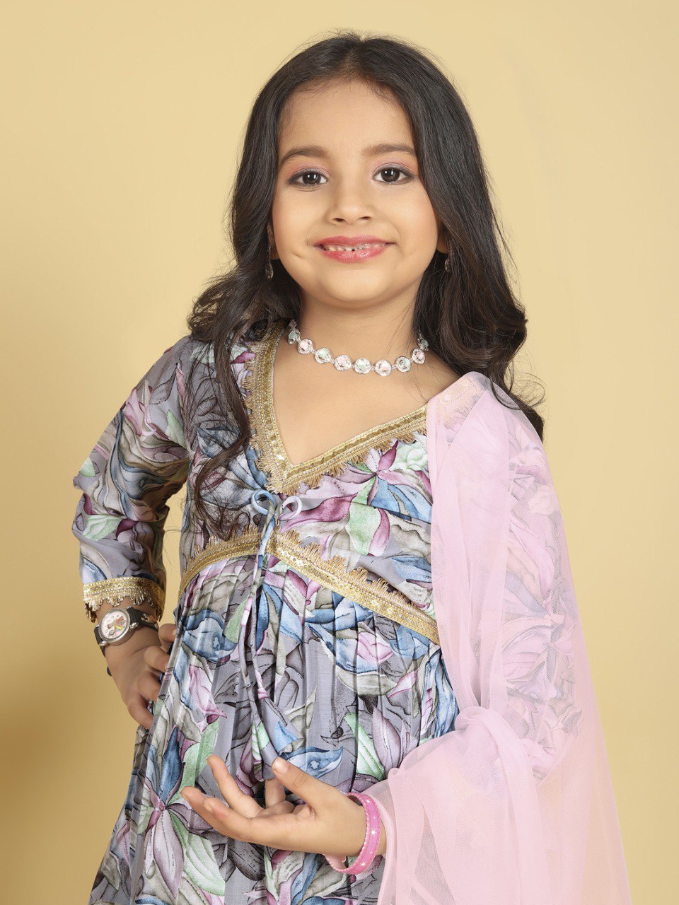Gray Colour Roman Slub Printed Multylace kurti With Pant And Dupatta