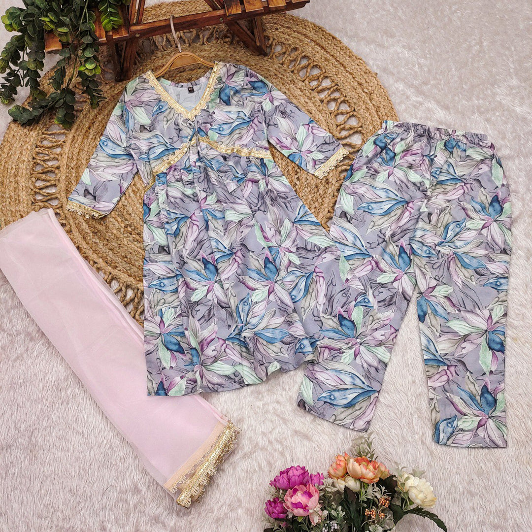 Gray Colour Roman Slub Printed Multylace kurti With Pant And Dupatta
