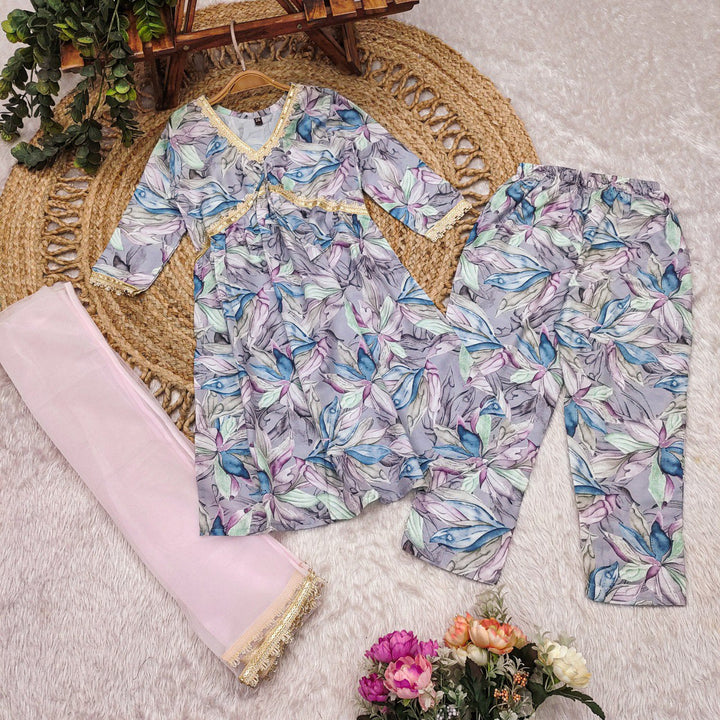 Gray Colour Roman Slub Printed Multylace kurti With Pant And Dupatta