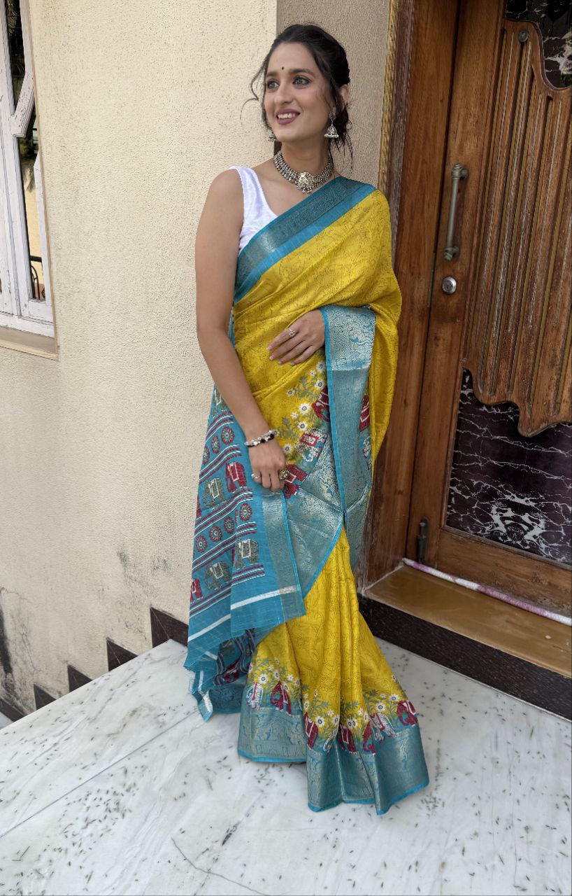 Yellow Color Soft Dola Cotton Saree With Kanjivaram Zari Border & Pallu Unstitched Blouse