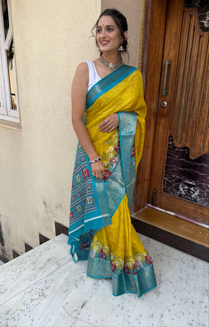 Yellow Color Soft Dola Cotton Saree With Kanjivaram Zari Border & Pallu Unstitched Blouse