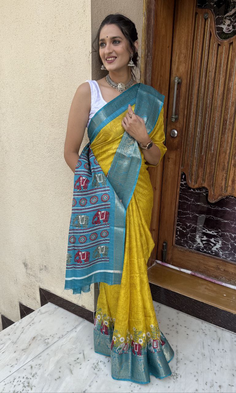 Yellow Color Soft Dola Cotton Saree With Kanjivaram Zari Border & Pallu Unstitched Blouse