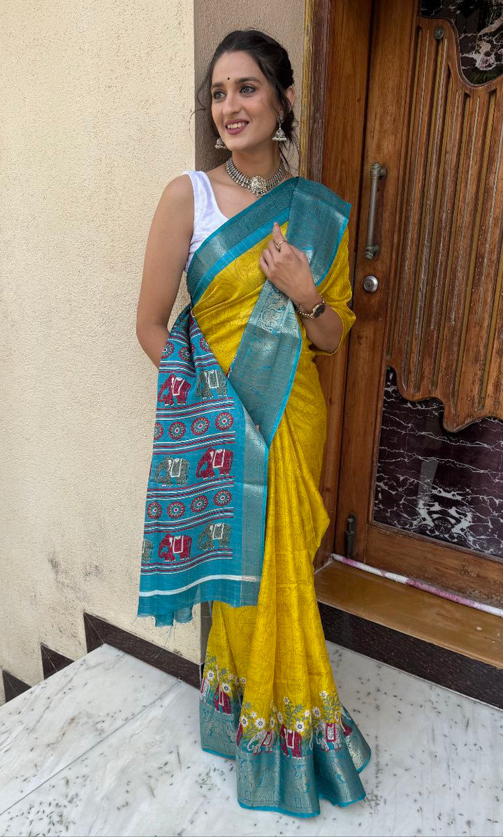 Yellow Color Soft Dola Cotton Saree With Kanjivaram Zari Border & Pallu Unstitched Blouse