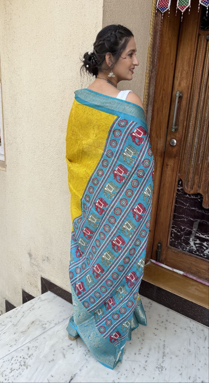 Yellow Color Soft Dola Cotton Saree With Kanjivaram Zari Border & Pallu Unstitched Blouse