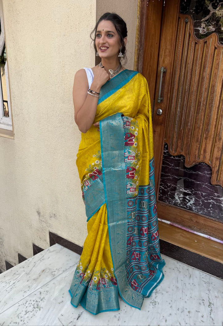 Yellow Color Soft Dola Cotton Saree With Kanjivaram Zari Border & Pallu Unstitched Blouse