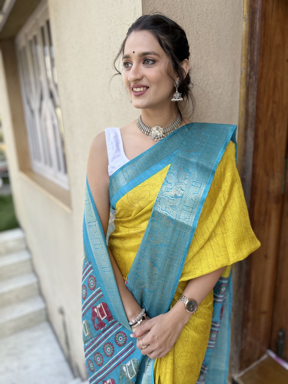 Yellow Color Soft Dola Cotton Saree With Kanjivaram Zari Border & Pallu Unstitched Blouse