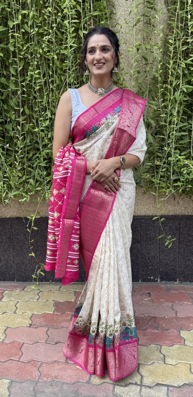 Off white Color Soft Dola Cotton Saree With Kanjivaram Zari Border & Pallu Unstitched Blouse
