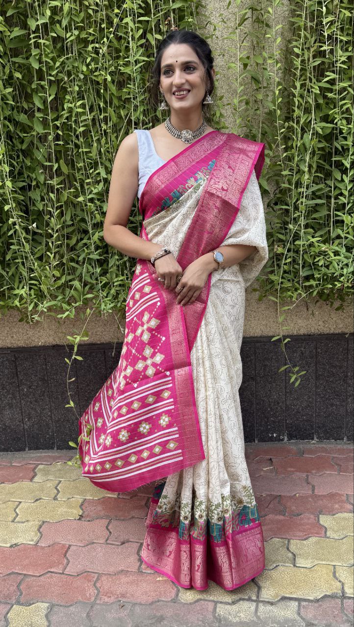 Off white Color Soft Dola Cotton Saree With Kanjivaram Zari Border & Pallu Unstitched Blouse