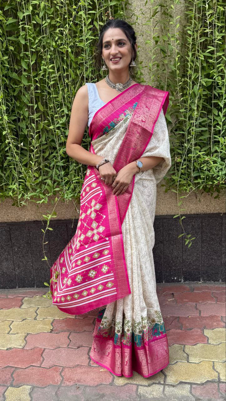 Off white Color Soft Dola Cotton Saree With Kanjivaram Zari Border & Pallu Unstitched Blouse