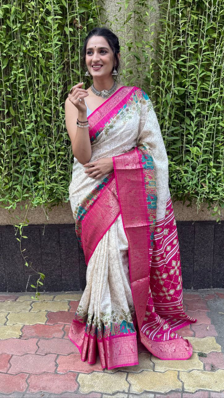 Off white Color Soft Dola Cotton Saree With Kanjivaram Zari Border & Pallu Unstitched Blouse