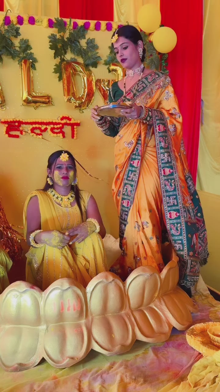 Orange Yellow Green Colour Komal Purbey Embroiderd Panter Patola Saree For Special Occasion