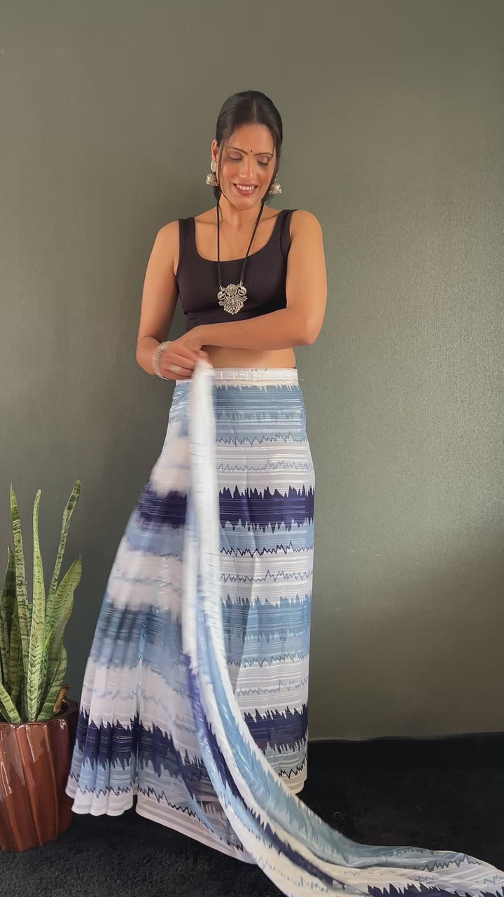 White-Blue Color Naylone Saree With Beautiful Blouse