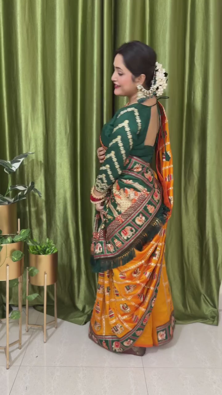 Kaira Orange Yellow Green Embroiderd Panter Patola Saree With Blouse