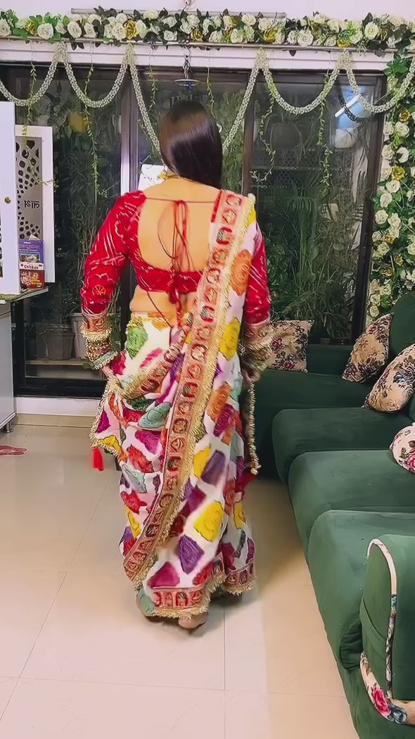 Elegance White Traditional Bandhani Print Patola Party Wear Saree