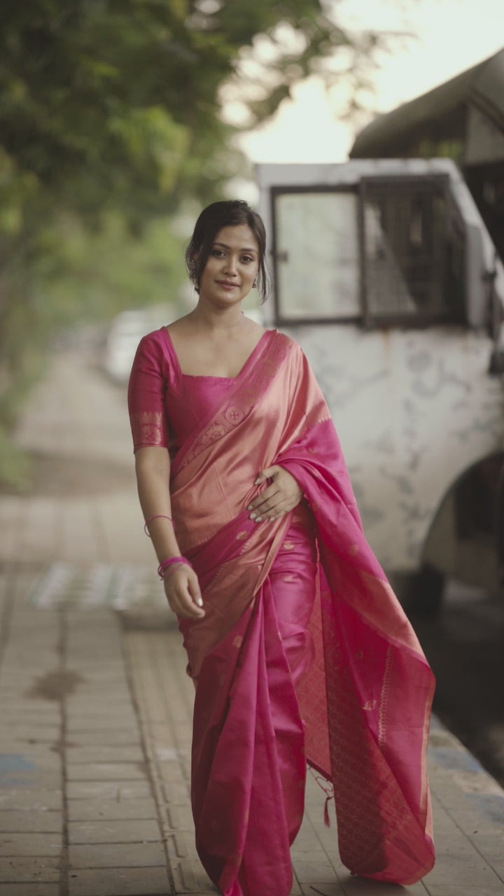 Pink Color Polka Print Jacquard Banarasi Saree with Border and Tussel