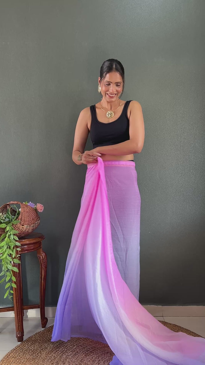 PInk-Purple Color Naylon Saree On Padding Print With Beautiful Blouse