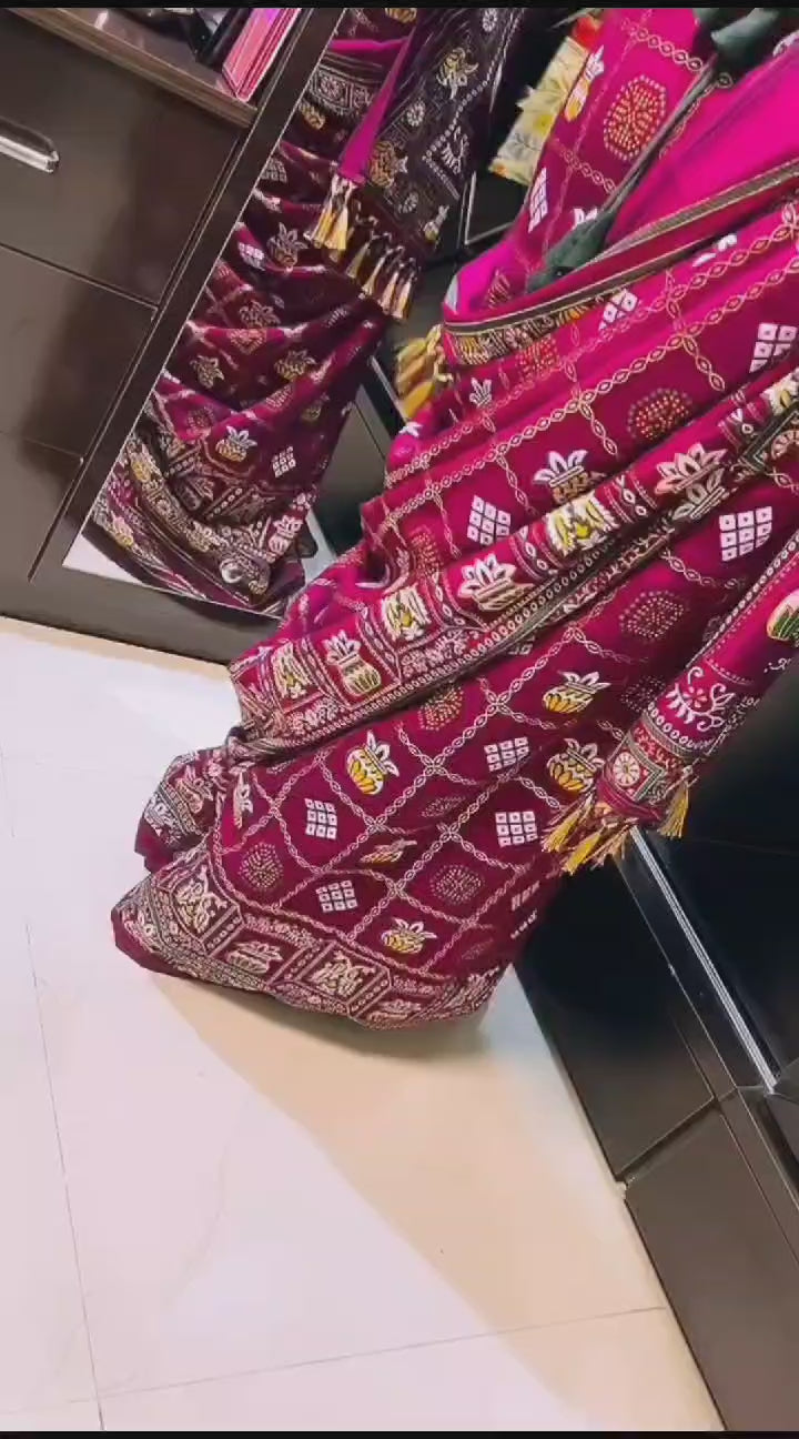 Wine Colour Foil Print Traditional Patola Party Wear Saree