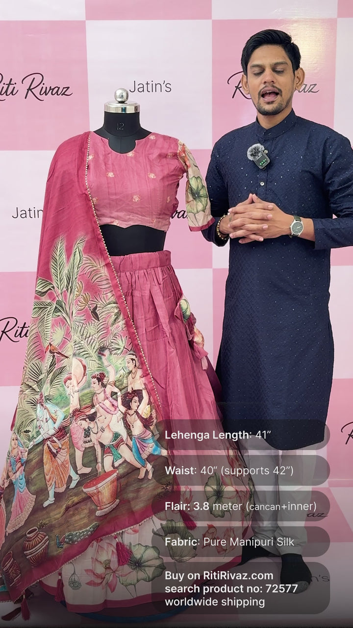 Peach Color Manipuri Silk Kalamkari Contrast Border Print Lehenga Choli