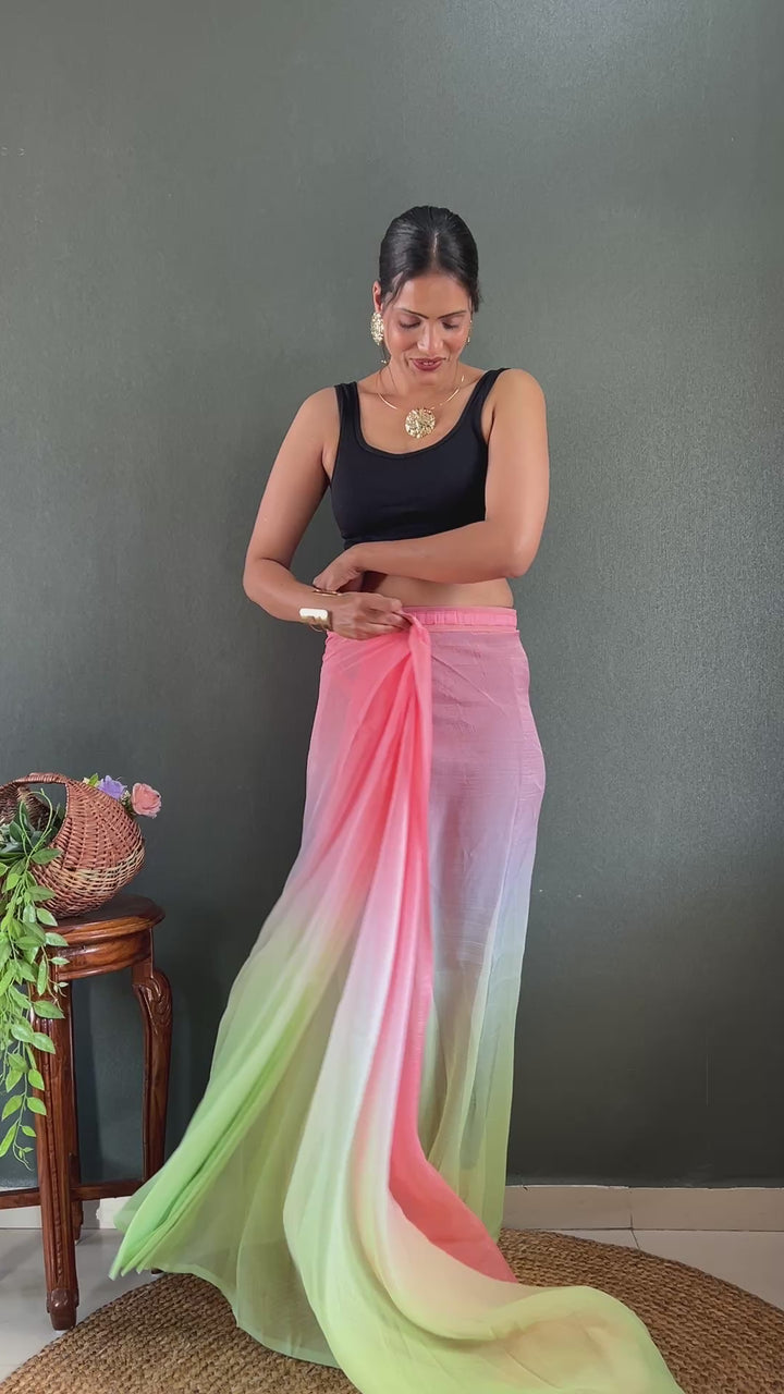 PInk-Green Color Naylon Saree On Padding Print With Beautiful Blouse