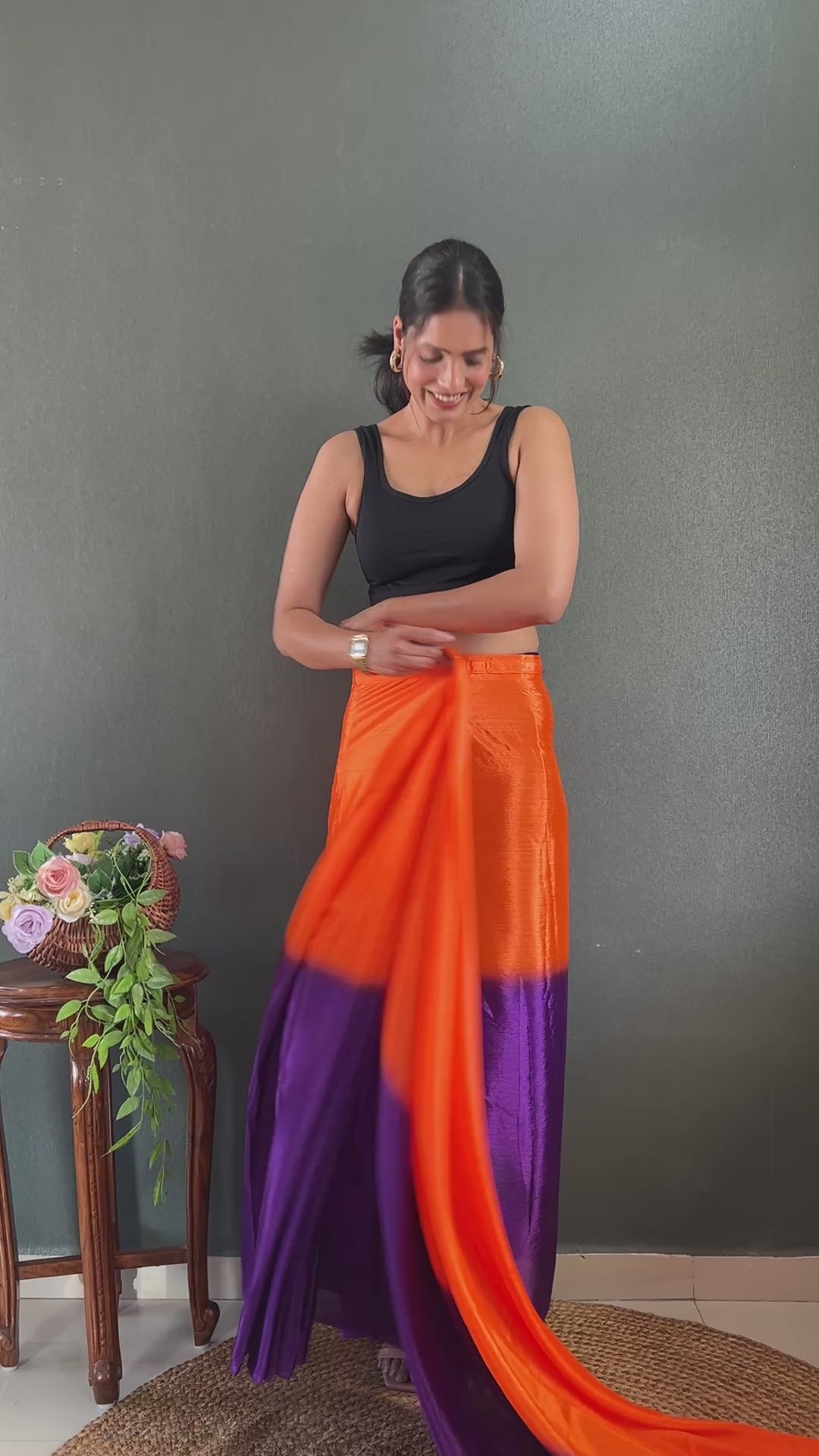 Orange And Purple Color Chinon Saree With Beautiful Blouse