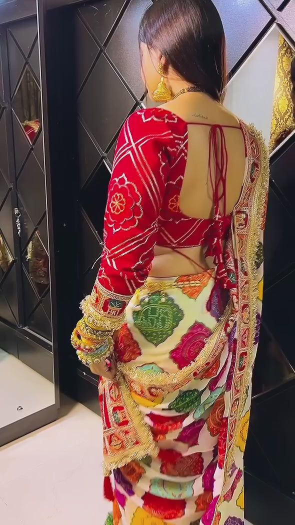Elegance White Traditional Bandhani Print Patola Party Wear Saree