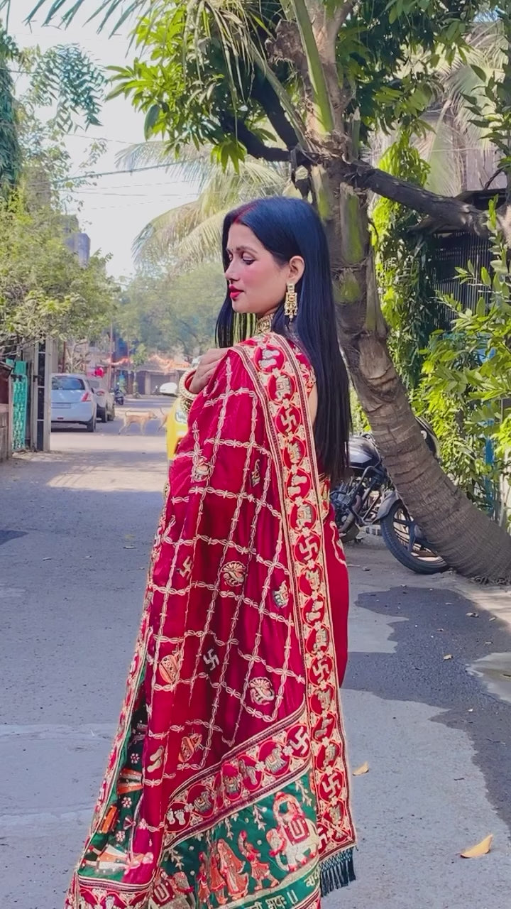 Shubh Laabh Maroon Panetar Patola Saree | Wedding | Special Occasion | Puja | Baby Shower