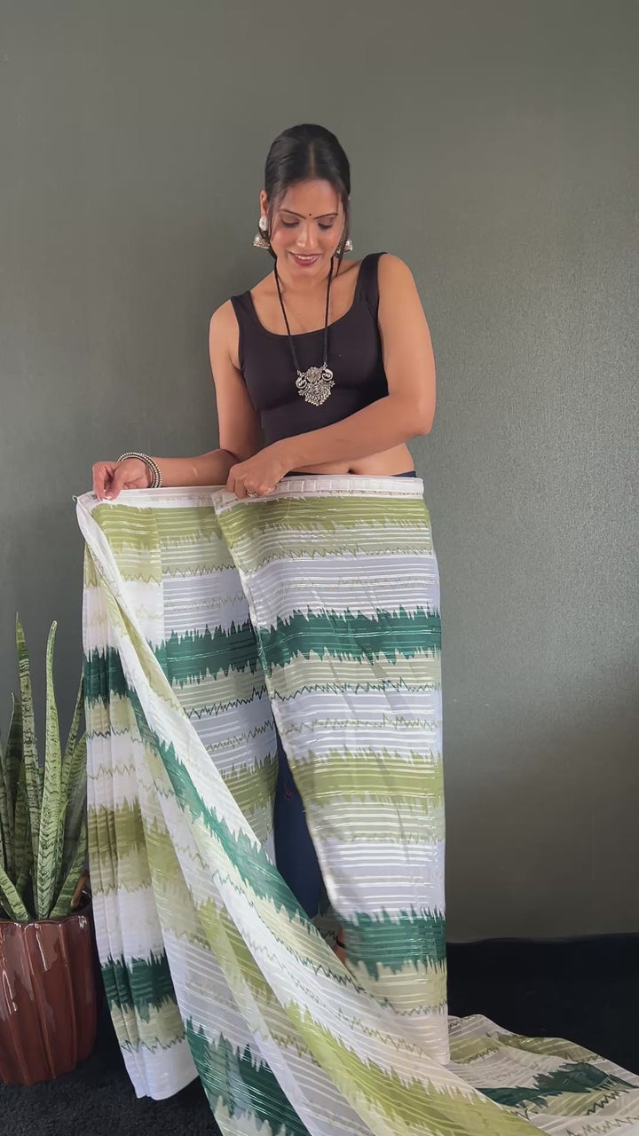 White-Green Color Naylone Saree With Beautiful Blouse