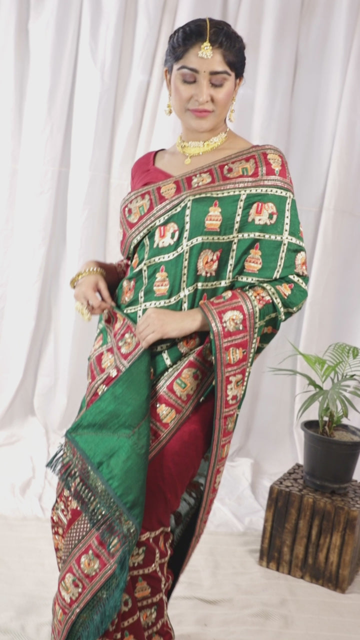 Kaira Green Maroon Embroiderd Panter Patola Half And Half Saree