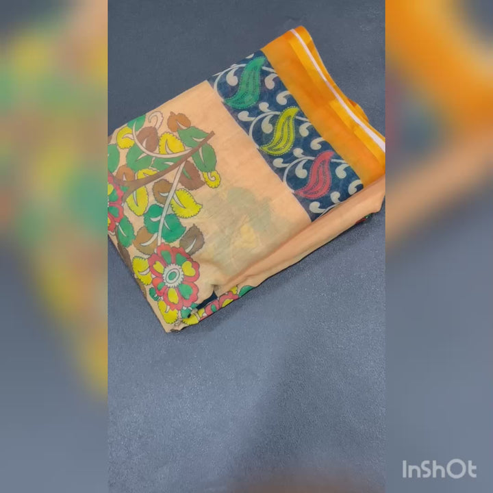 Beige Color Kalamkari Print Cotton Linen Saree with Unstitched Blouse
