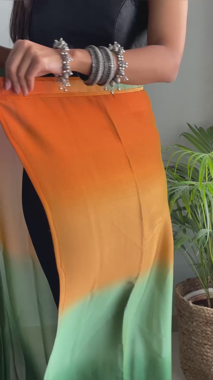 Orange And Green Color Nylone Saree With Beautiful Blouse