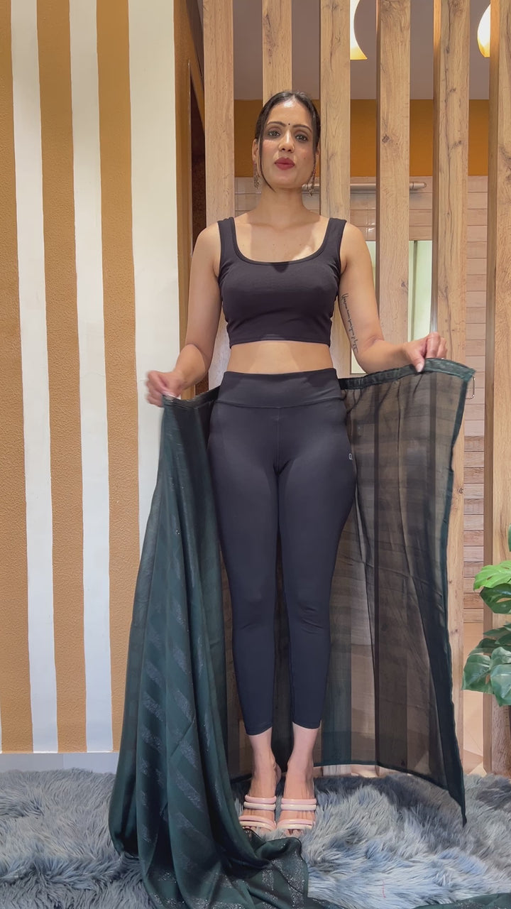 Dark Green Color Nylone Rimzim Saree With Beautiful Blouse