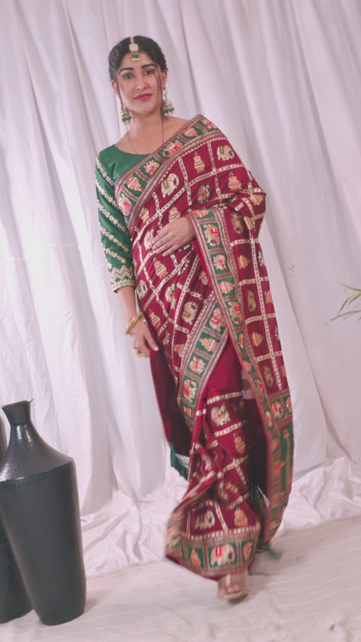 Kaira Dark Pink Green Embroiderd Panter Patola Saree With Blouse