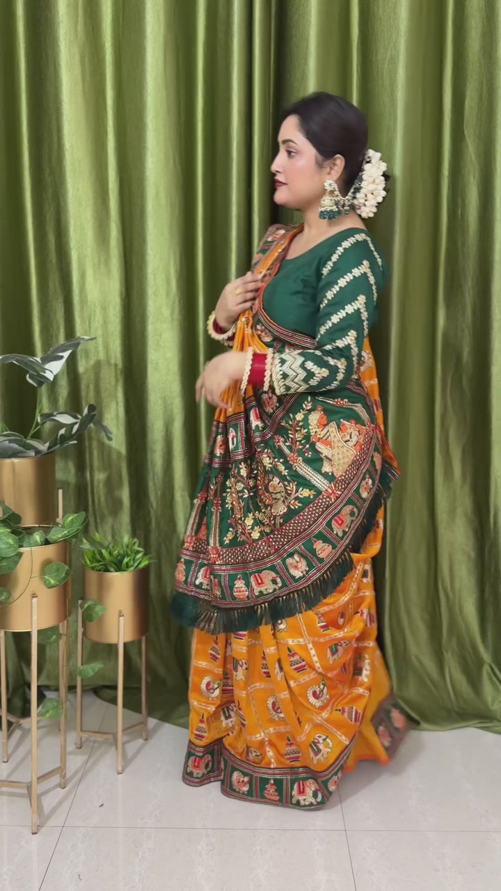 Kaira Orange Yellow Green Embroiderd Panter Patola Saree With Blouse